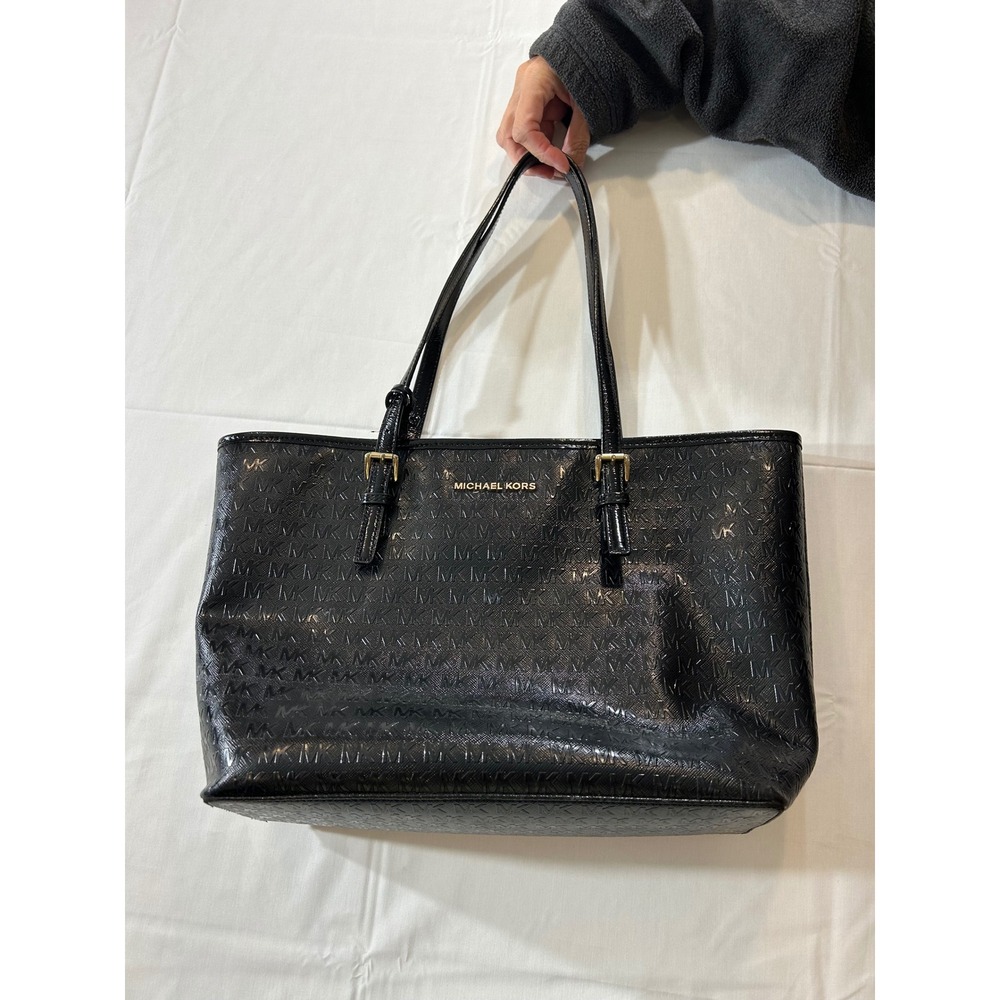 Michael Kors Jet Set Black Embossed Logo Saffiano Leather Tote Bag Gold Hardware